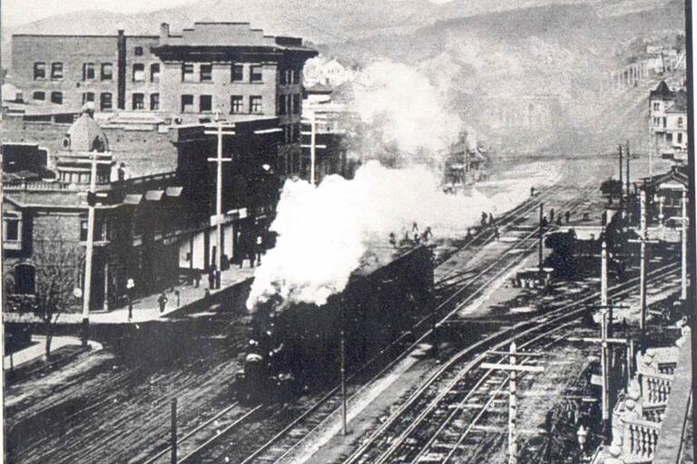 Historical photograph from 1896 with railroad line in the present location of Shattuck Ave